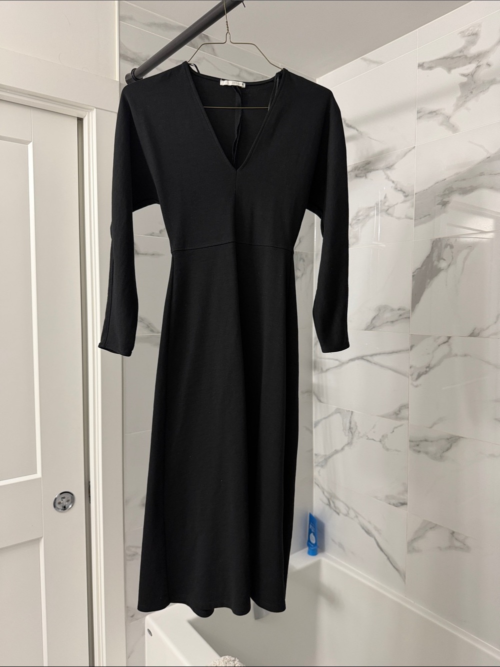 Zara Black V-Neck Long Sleeve Midi Dress